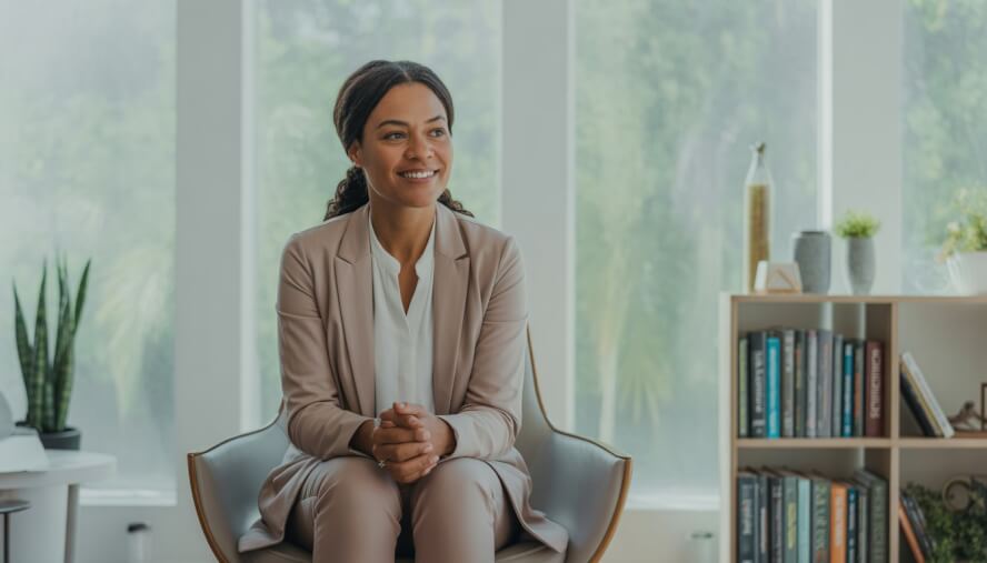 A female therapist sitting in a bright, modern office with large windows and plants, looking warm and approachable.