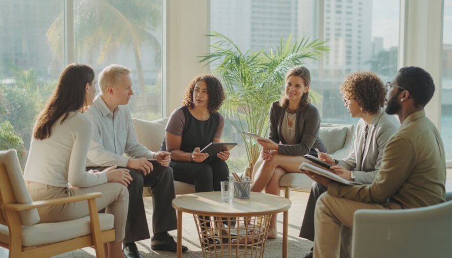 A bright therapy room in Miami with therapists and clients engaged in supportive conversations, surrounded by plants and large windows showing the city outside.