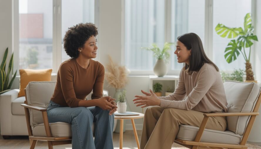 A therapist and client having a supportive conversation in a bright, modern counseling office with plants and natural light.
