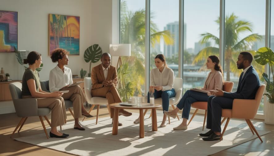 A diverse group of therapists and clients engaged in supportive conversations in a bright therapy room with large windows showing a Miami cityscape with palm trees.
