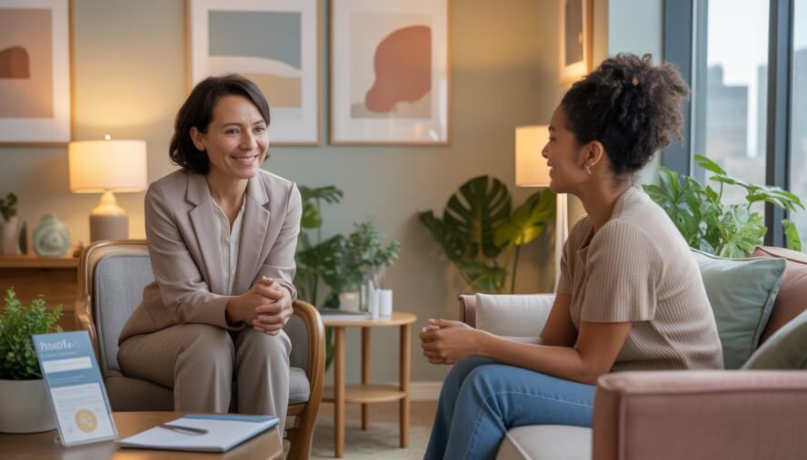 A therapist and client having a supportive conversation in a cozy therapy office with natural light and plants.