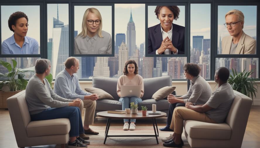 A diverse group of people participating in a virtual therapy session from different locations in New York City, with a woman using a laptop and a city skyline visible through a window.