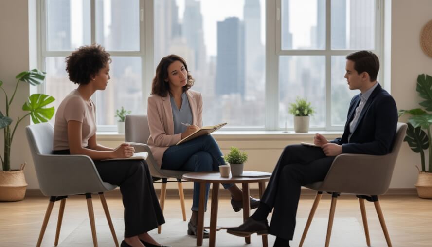 A therapist and two clients having a supportive conversation in a bright therapy room with a city view.