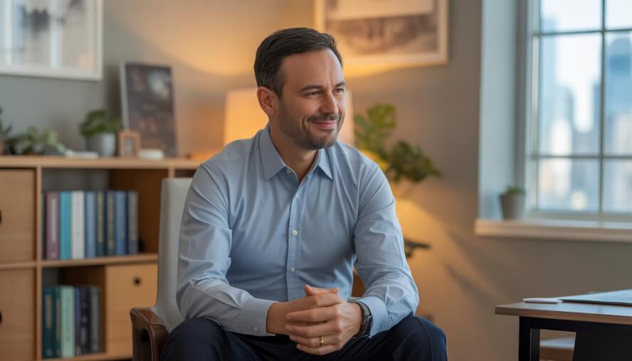 A middle-aged male therapist sitting in a modern office, smiling gently with books and a plant in the background.