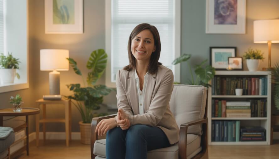 A female therapist sitting in a comfortable chair in a cozy therapy office with plants and bookshelves.