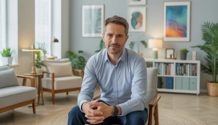 A middle-aged male therapist sitting in a bright, welcoming office with plants and bookshelves, smiling warmly.
