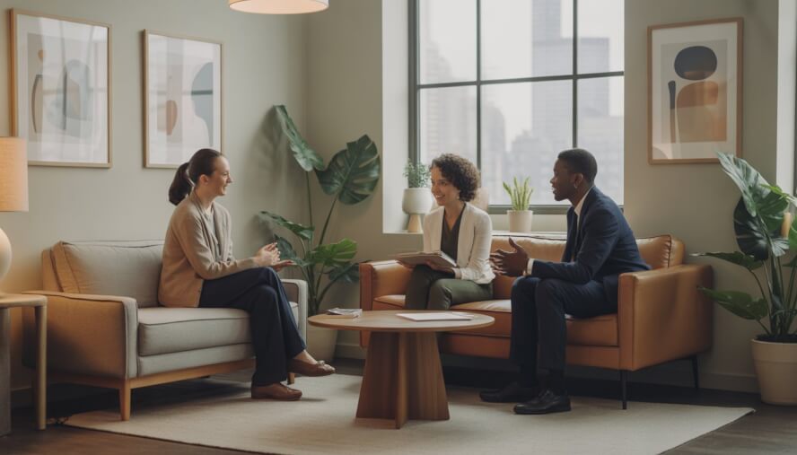 Two therapists talking compassionately with a client in a bright, comfortable therapy office with a view of the Boston skyline.