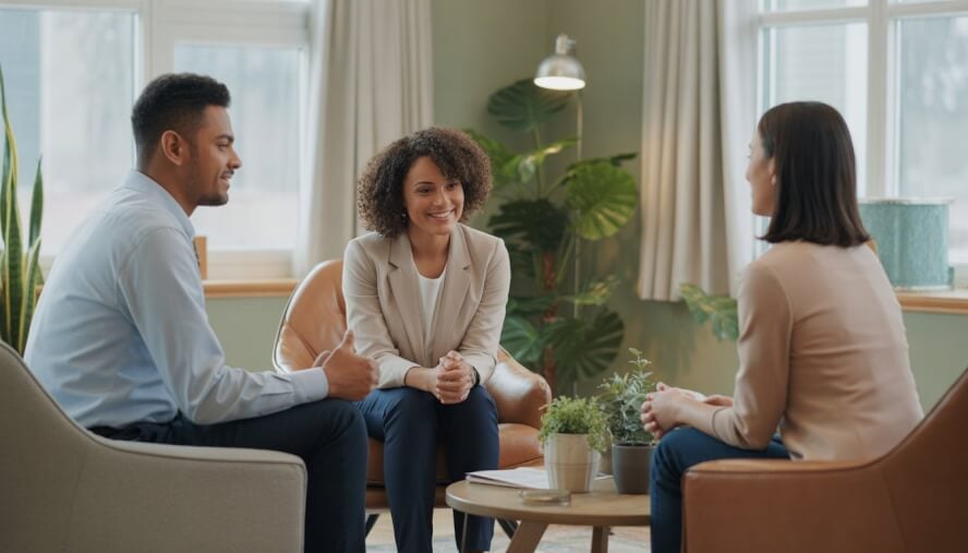 Two therapists talking supportively with a client in a bright, comfortable counseling office.