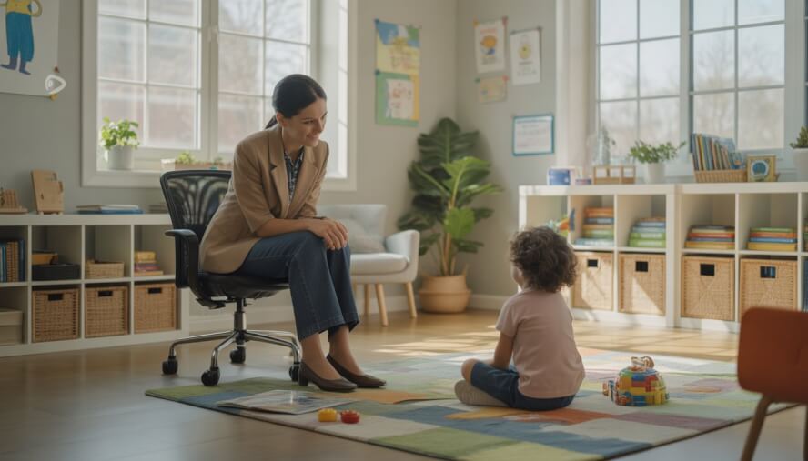 A therapist attentively listening to a young child in a bright, child-friendly therapy room.
