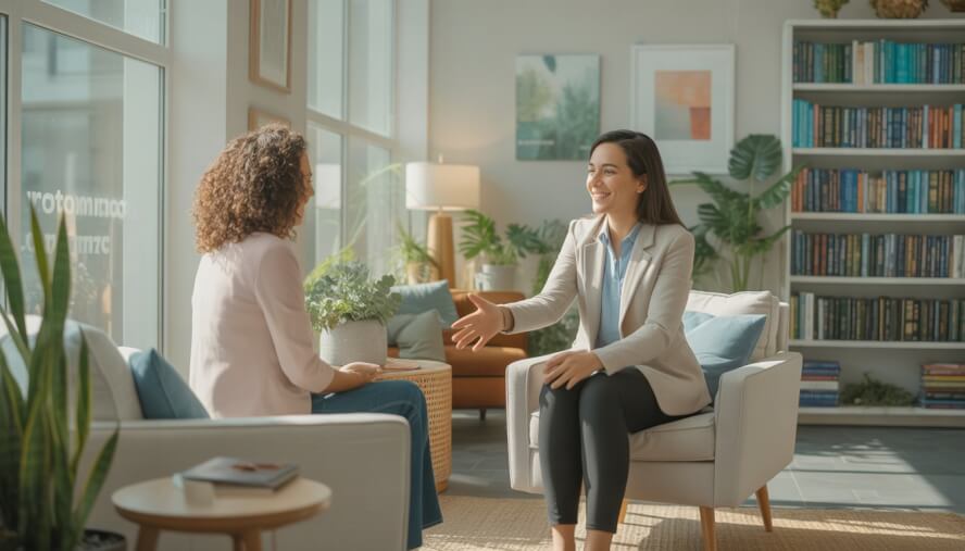 A therapist warmly greeting a client in a bright, comfortable therapy center reception area with plants and bookshelves.