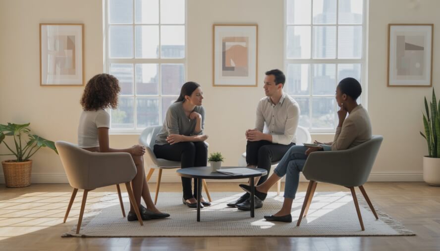A trauma therapist and two clients having a supportive conversation in a bright therapy office with a view of Boston outside.