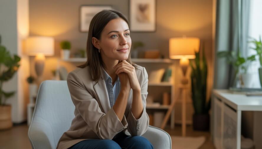 A female therapist sitting in a comfortable office, attentively listening with a gentle smile.