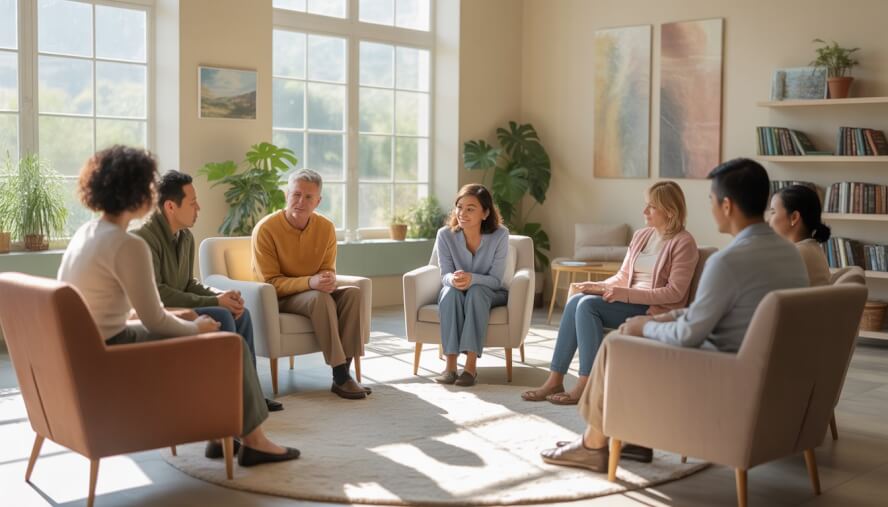 A sunlit therapy room with diverse adults seated in a circle, engaged in a supportive group session surrounded by plants and books.