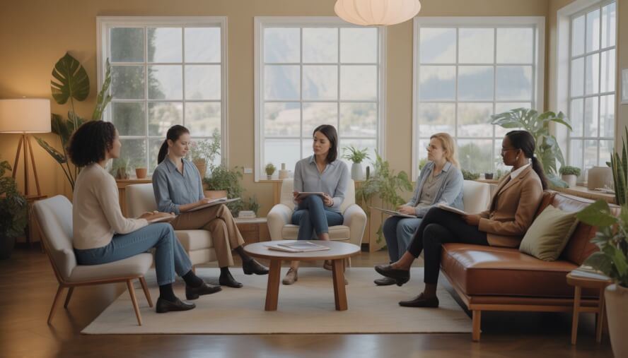 A calm therapy office with therapists and clients engaged in a supportive conversation, with large windows showing a view of the Bay Area outside.