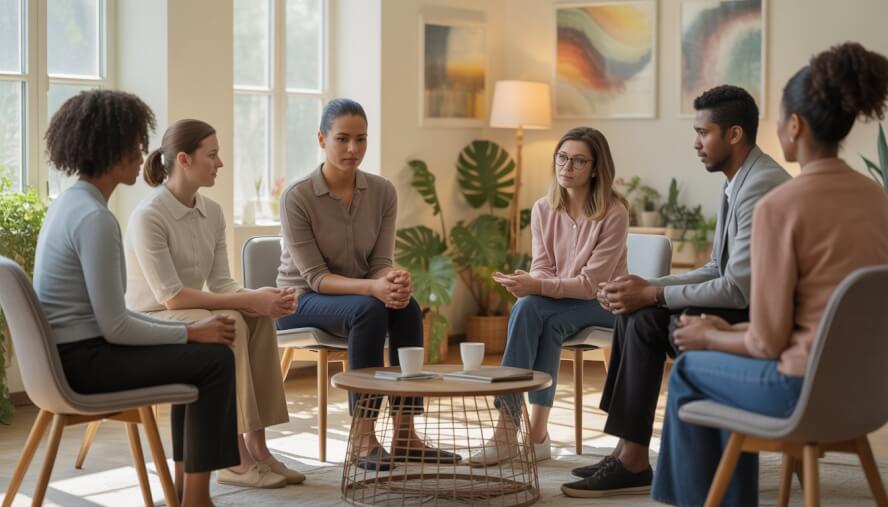 A diverse group of people in a bright office engaged in a supportive therapy session.