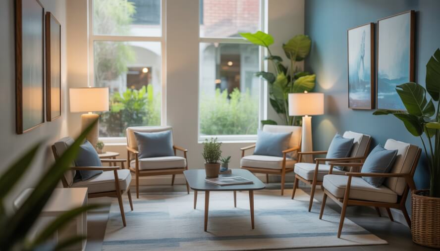 A cozy therapy center waiting area with comfortable chairs, natural light, and plants, creating a calm and inviting atmosphere.