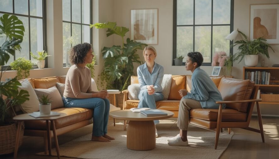 A therapist attentively listening to a client in a bright, comfortable counseling office with plants and natural light.