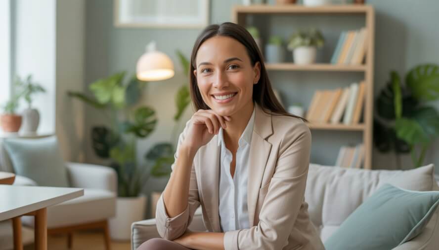 A female therapist sitting comfortably in a bright, welcoming office with plants and bookshelves in the background.
