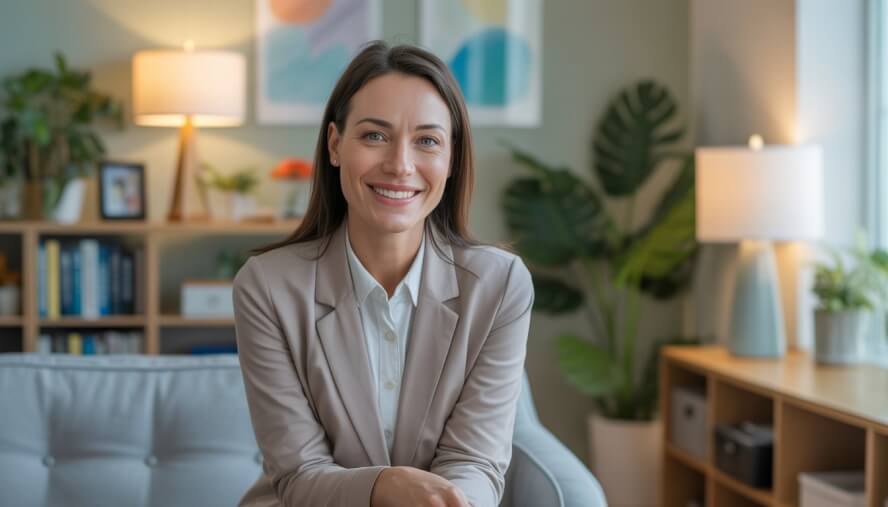 A female therapist sitting in a bright, comfortable office with bookshelves and plants, smiling warmly.