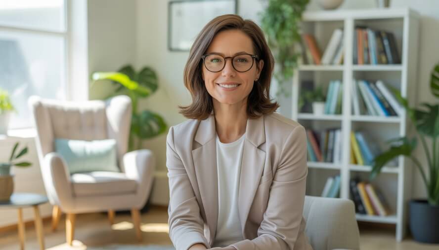 A female therapist sitting in a bright, modern office with bookshelves and plants, looking warm and approachable.