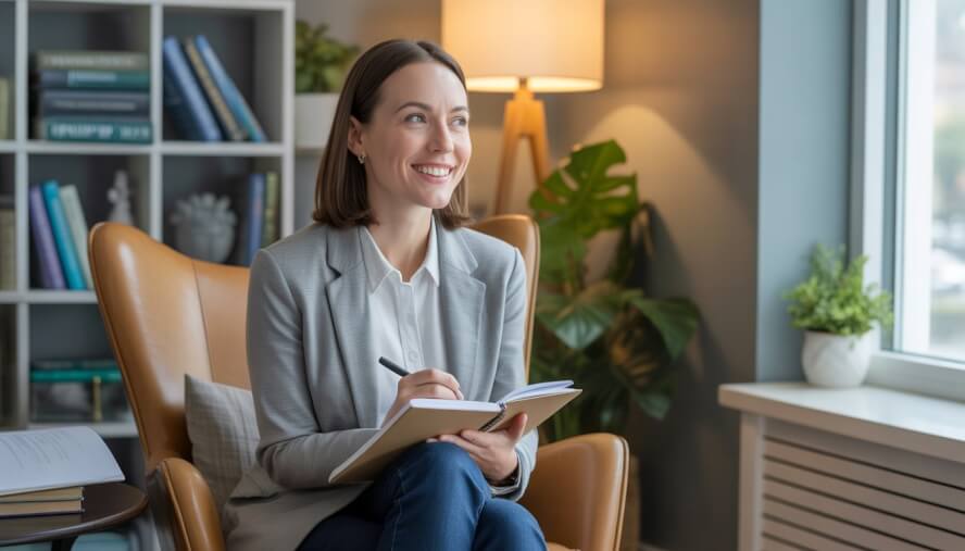 A female therapist sitting in a comfortable office with a notebook, smiling and ready to listen.