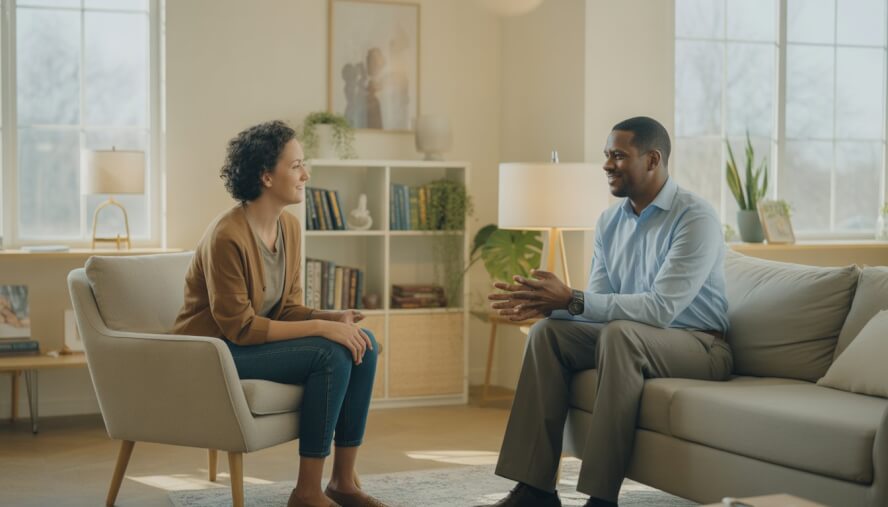 A therapist and an adult client having a calm conversation in a bright, comfortable counseling office.