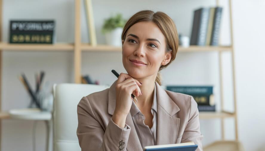 A female therapist sitting in a bright, modern office with bookshelves and plants, looking attentive and approachable.