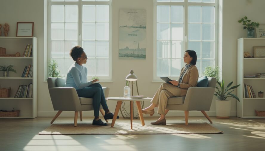 A therapist and a client having a supportive conversation in a bright, comfortable counseling office with natural light and calming decor.