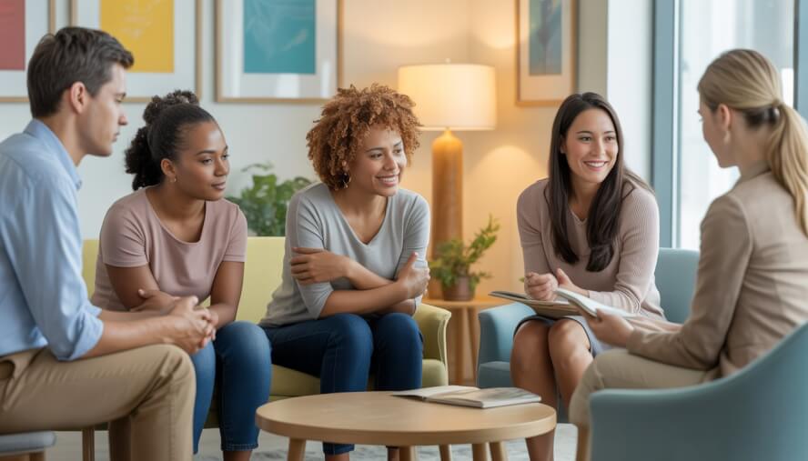 A diverse group of adults having a supportive conversation with a therapist in a bright, comfortable office.