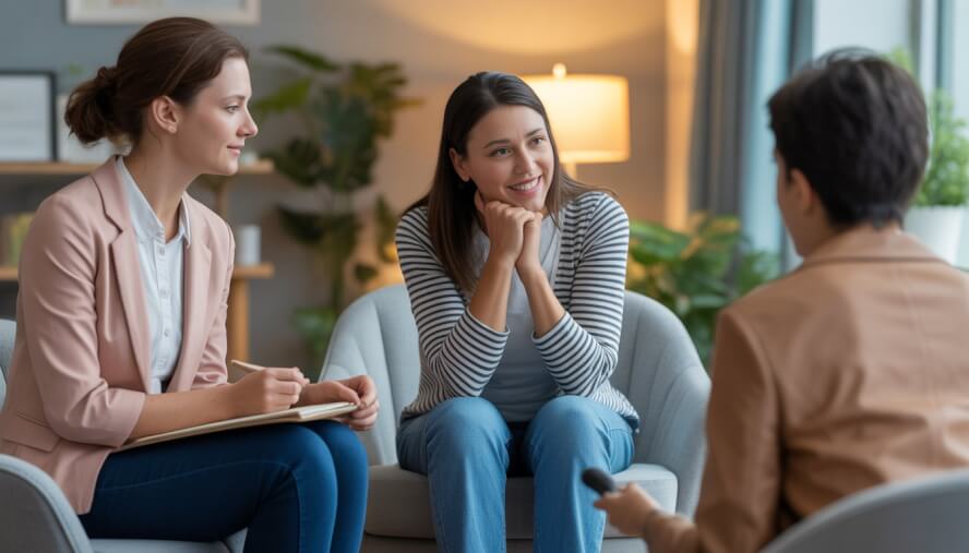 A therapist attentively listening to an adult client in a calm, cozy counseling office with natural light and plants.
