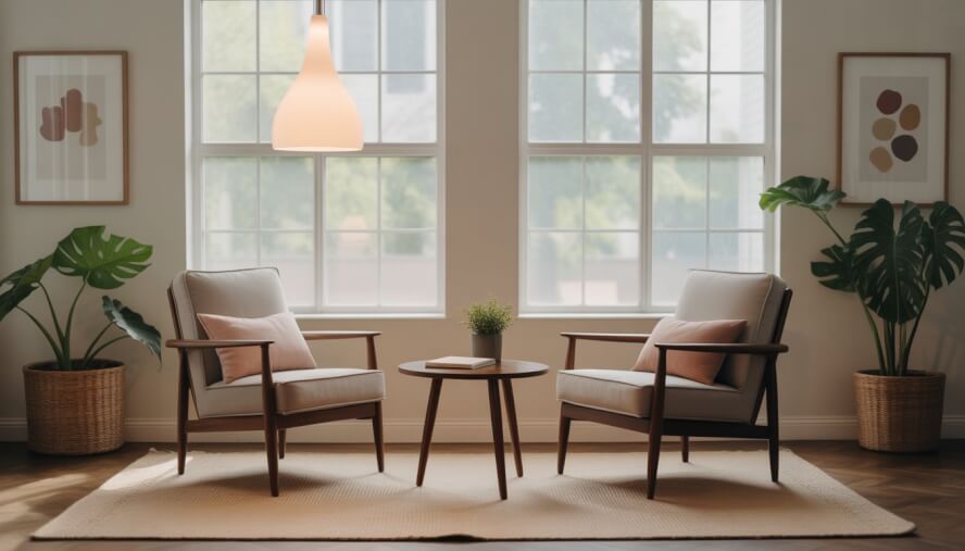 A calm therapy office with two chairs, a small table with a plant and notebook, and natural light coming through windows.