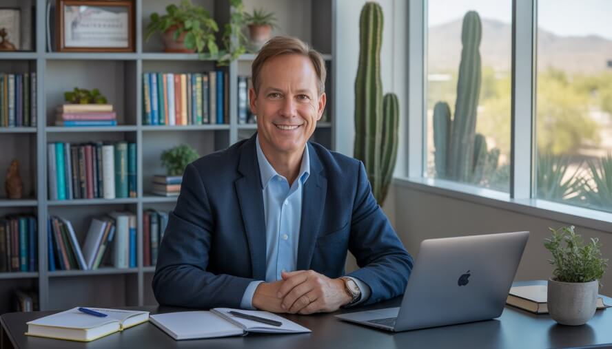 A middle-aged man in business casual attire sitting at a desk in a bright office with bookshelves and plants, smiling warmly.
