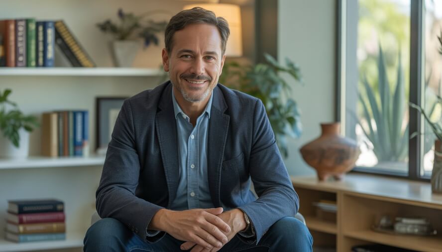 A middle-aged male therapist sitting in a bright, comfortable office with bookshelves and plants, smiling warmly and looking approachable.