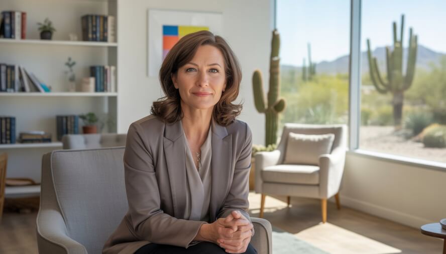 A female clinical psychologist sitting in a bright therapy office with bookshelves and a window showing a desert landscape.