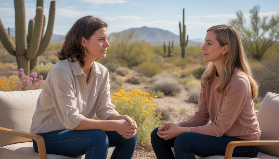 Two adults having a calm conversation outdoors in a desert landscape with blooming wildflowers and cacti under a clear sky.