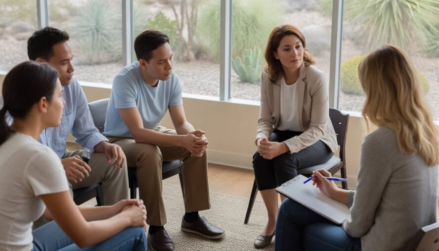 A group therapy session with adults and a therapist in a bright room with desert plants visible outside.