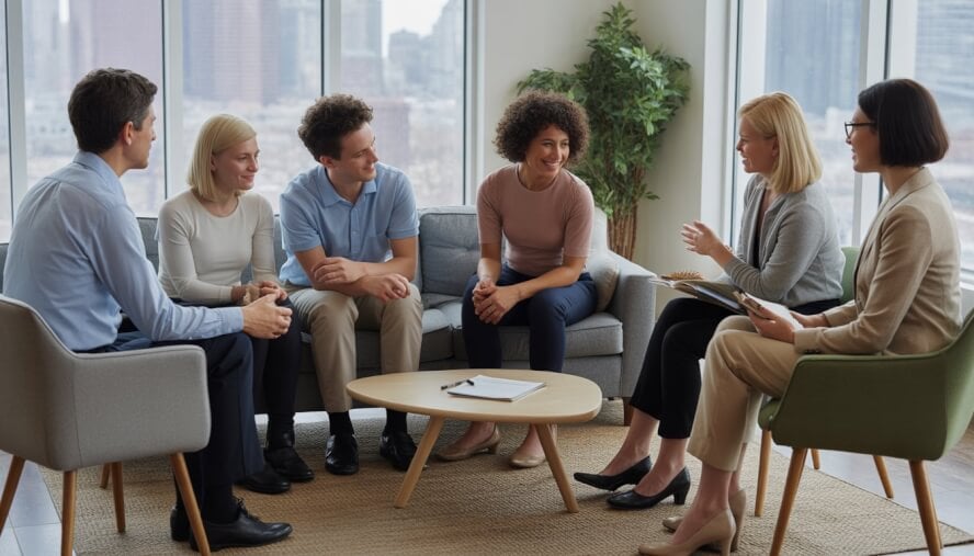 A therapist and a group of adults and family members having a supportive conversation in a bright office with windows showing a city view.