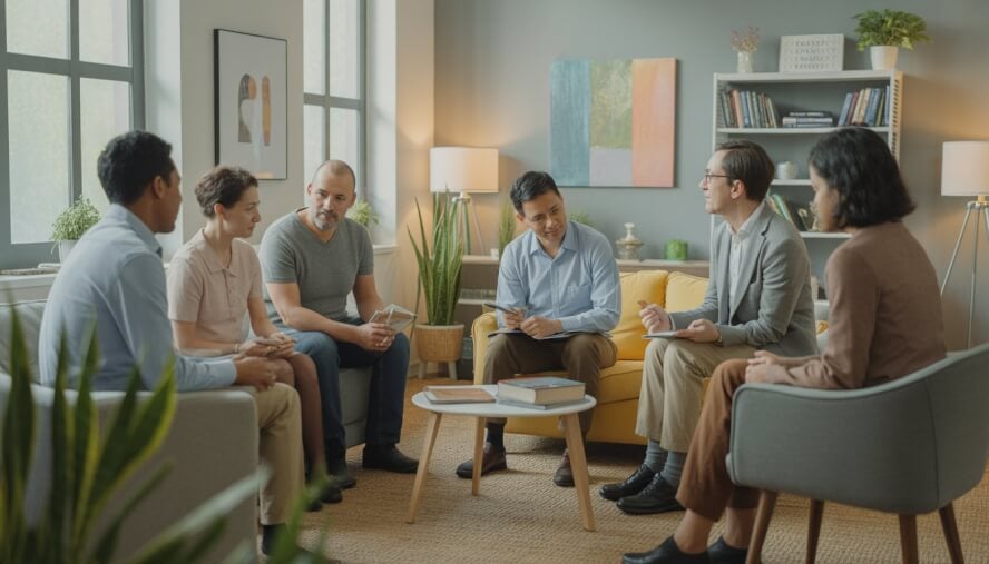 A therapist talking with a diverse group of adults and a family in a bright, comfortable counseling office.