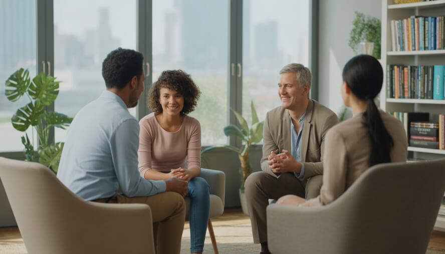A therapist talking with a diverse adult couple in a bright, comfortable office with large windows and plants.