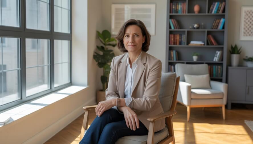 A middle-aged female therapist sitting in a comfortable office with bookshelves and a window, looking approachable and professional.