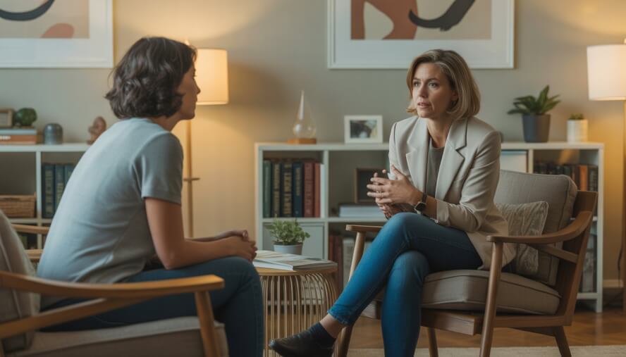 A therapist and an adult client having a one-on-one conversation in a comfortable therapy office.