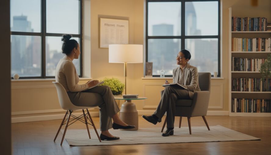 A therapist and an adult client having a conversation in a bright, comfortable therapy office with a view of Boston in the background.