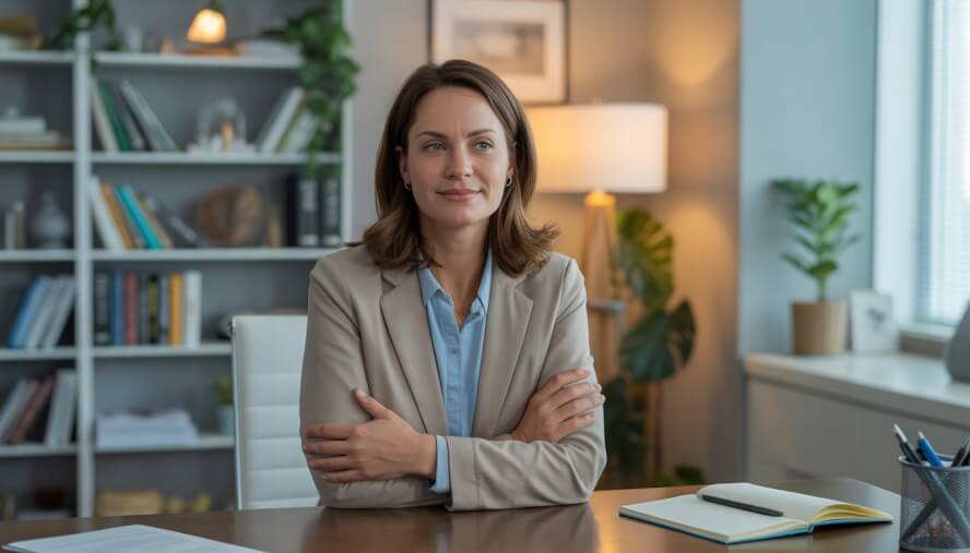 A female therapist sitting in a comfortable office with bookshelves and plants, looking calm and approachable.