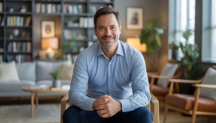 A middle-aged male therapist sitting in a warmly lit office with bookshelves and plants, looking welcoming and attentive.