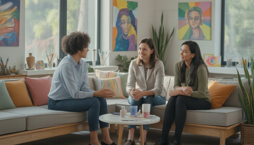 Two therapists talking with a young adult client in a bright, comfortable therapy room with art supplies and colorful decorations.