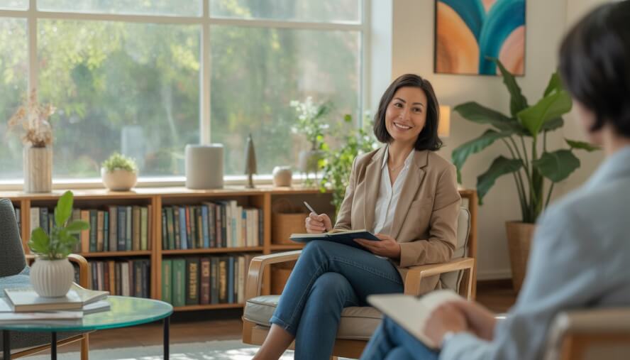 A female therapist sitting in a bright, comfortable office, attentively listening and taking notes.