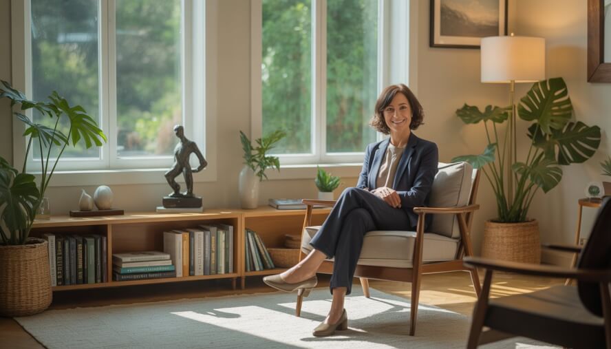A middle-aged woman therapist sitting in a sunlit office with plants and wooden furniture, looking calm and approachable.