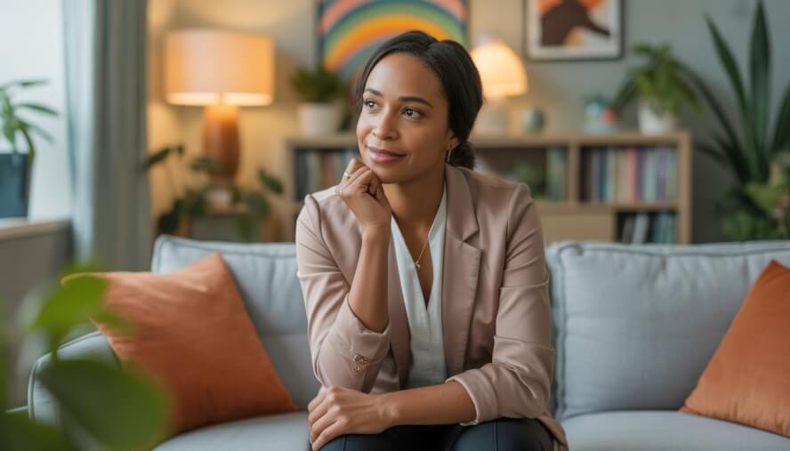 A multicultural female therapist sitting in a warm, inviting therapy office, looking calm and attentive.