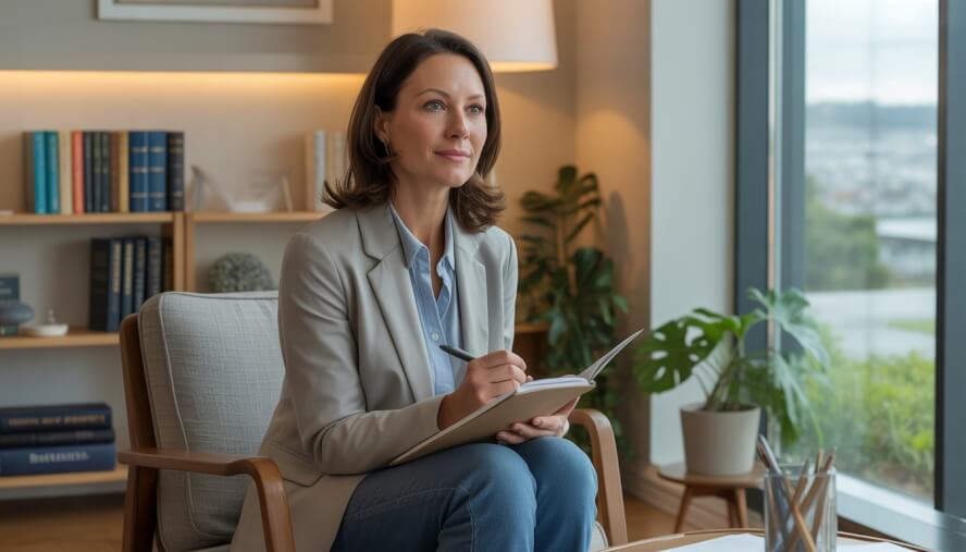A female therapist sitting in a modern office, holding a notepad and pen, looking attentive and approachable with a window showing a city view in the background.