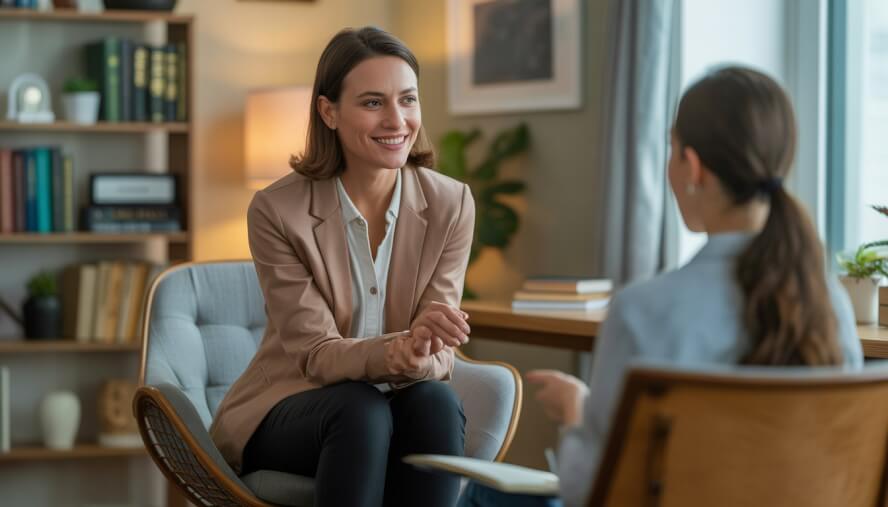 A clinical psychologist sitting in a comfortable office, attentively listening during a therapy session.